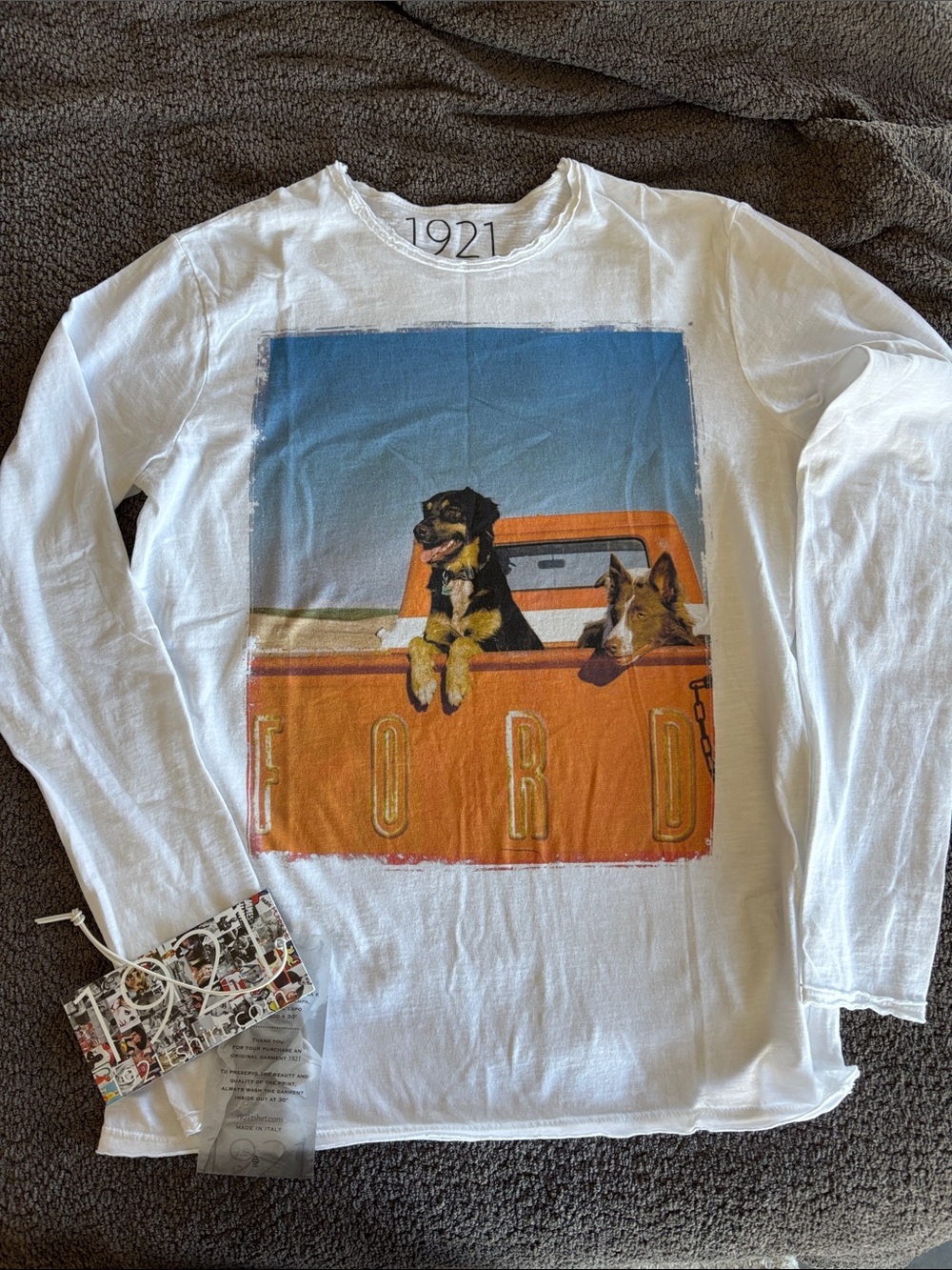 1921 Womans White Long-Sleeve Graphic Tee with Orange Truck & Dogs